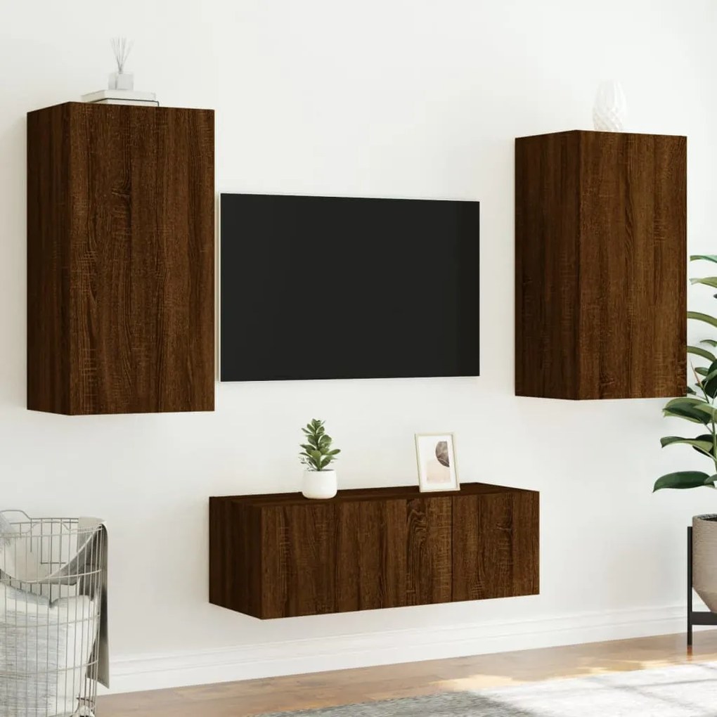 Mobili tv a muro con led 4pz rovere marrone legno multistrato