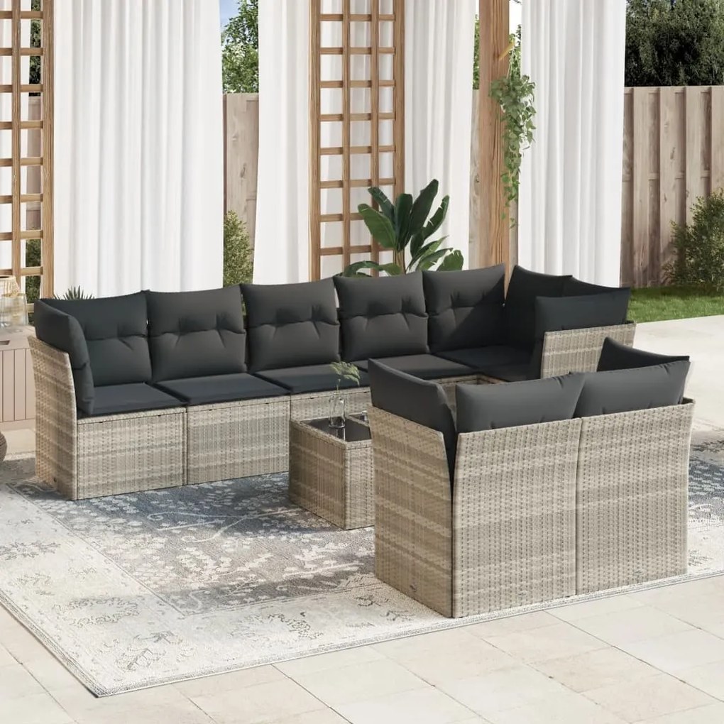 Set divano da giardino 9pz con cuscini grigio chiaro polyrattan