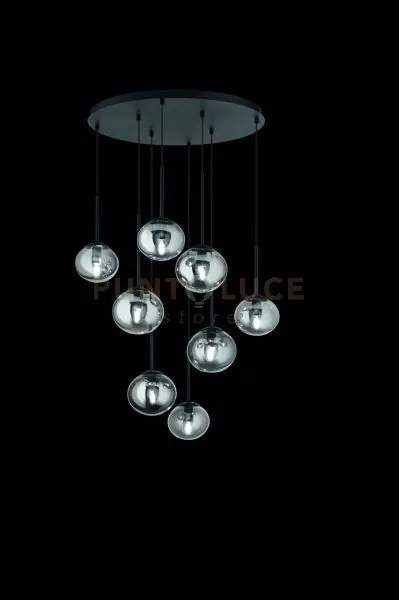 Sospensione jewel 8 luci nero vetro fume' attacco e14 vetro d.15-17cm