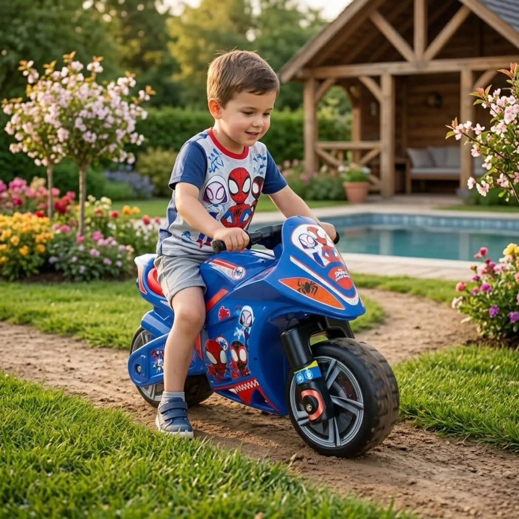 Moto Cavalcabile per Bambini 4-7 anni a Spinta Marvel Spidey 99x39x61 cm fino a 50 kg con Maniglia di Trasporto Blu...