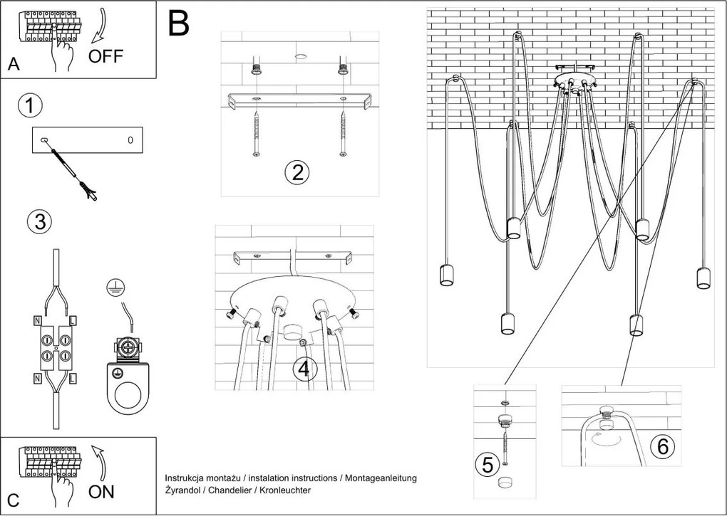 Lampadario a Sospensione 5xE27 EDISON 5 in Acciaio Nero