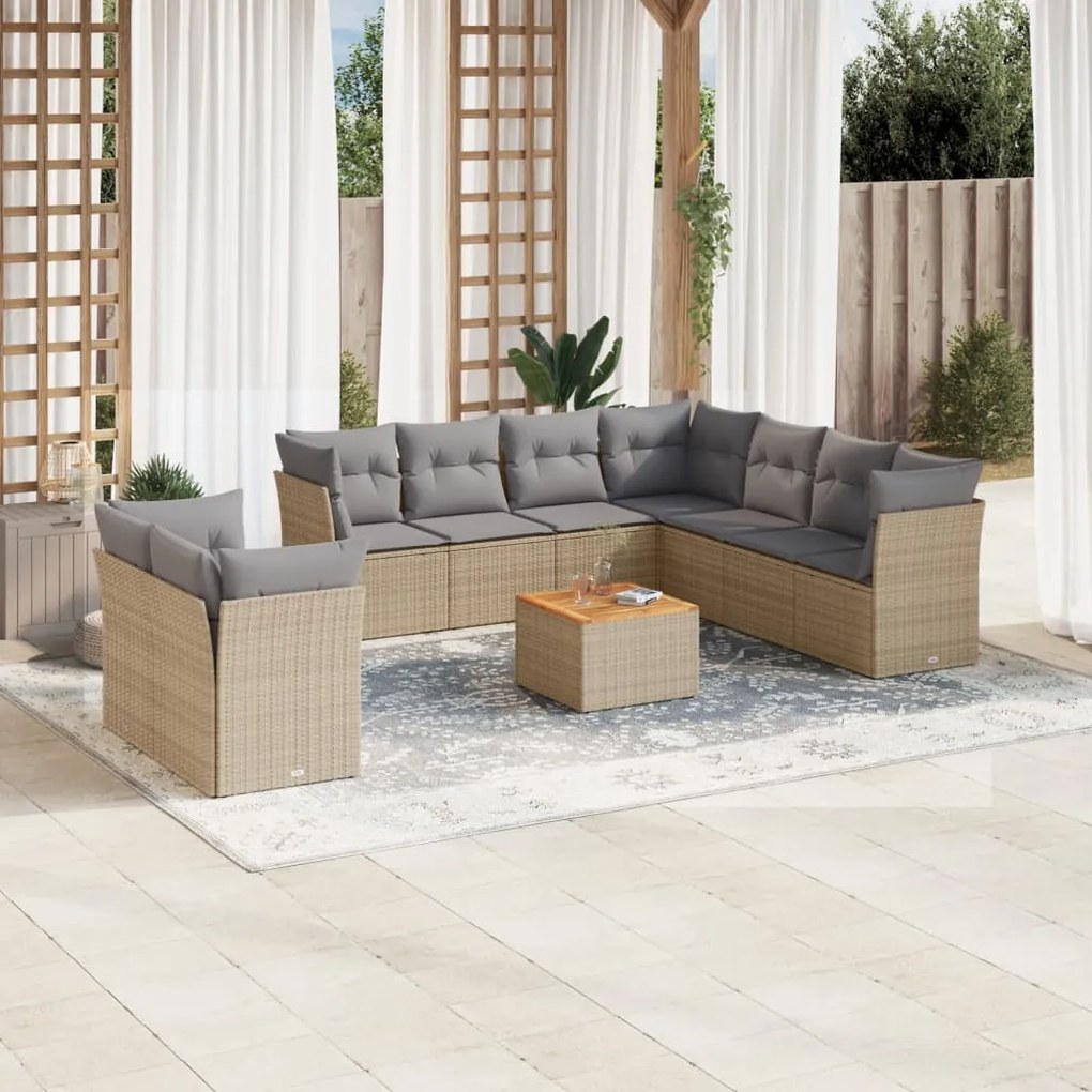 Set divano da giardino 11 pz con cuscini beige misto polyrattan