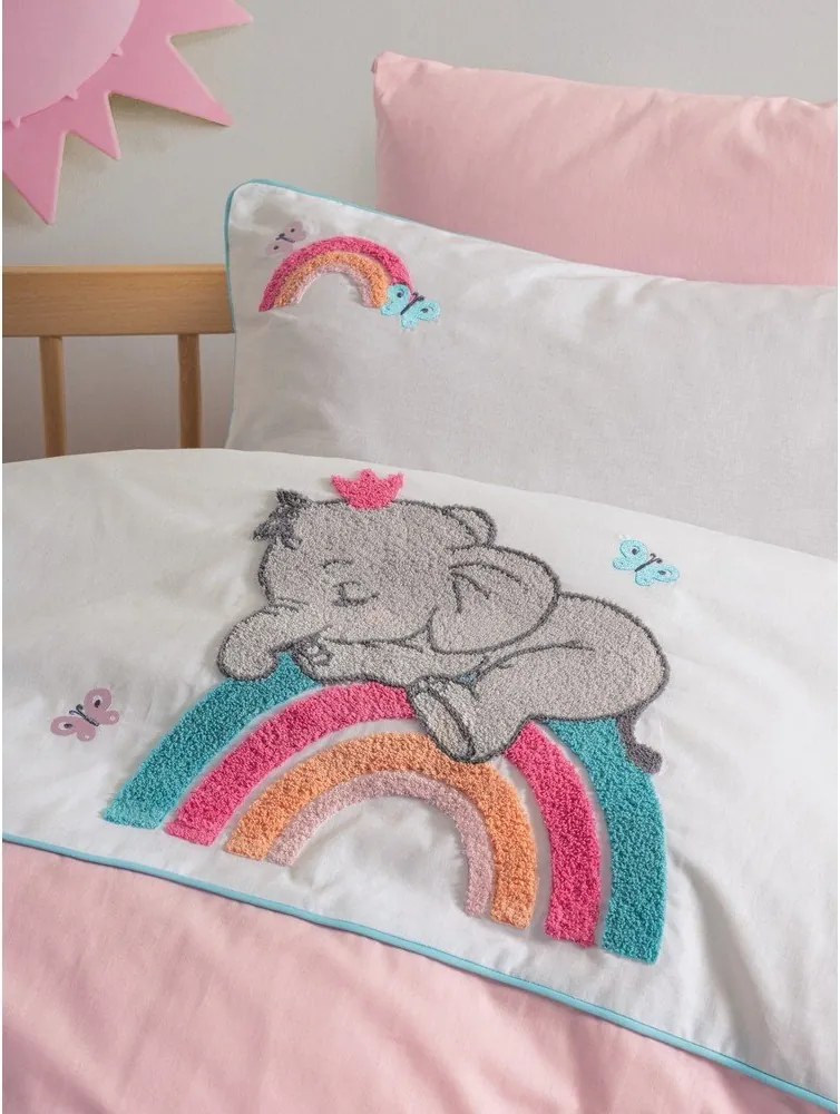 Set copripiumino e federa da bambini bianco/rosa in cotone per culla con lenzuolo incluso/4 pezzi 100x150 cm Lucky – Mijolnir