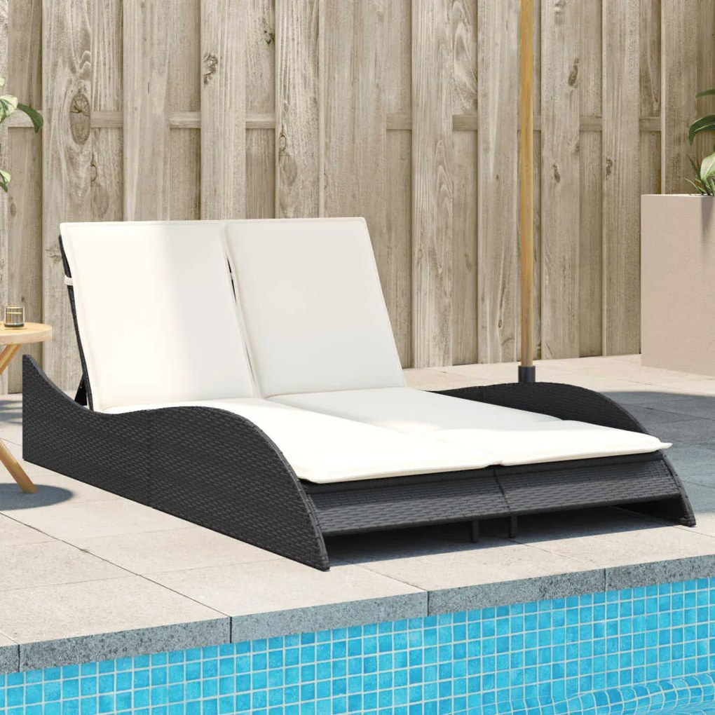 Lettino Prendisole Con Cuscini Nero 114x205x73 Cm İn Polyrattan /