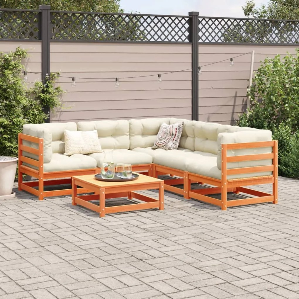 Set divani giardino 6pz con cuscini marrone cera massello pino
