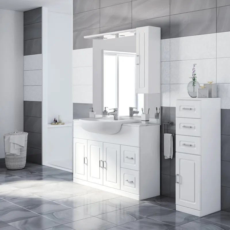 Mobile bagno con lavabo e illuminazione L 121 x H 184 x P 33.5 cm bianco, 3 ante 2 cassetti per vasca centrale Paola