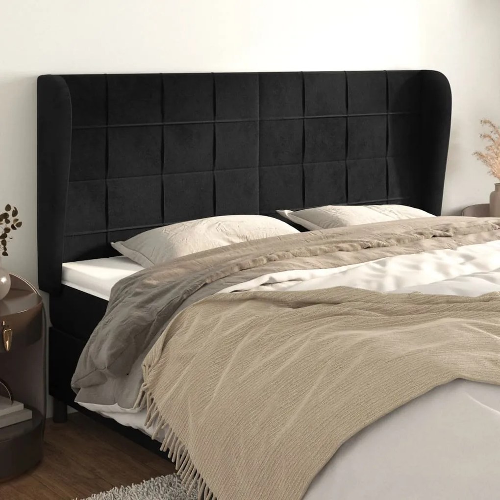 Testiera Ad Orecchio Nera 183x23x118/128 Cm İn Velluto /