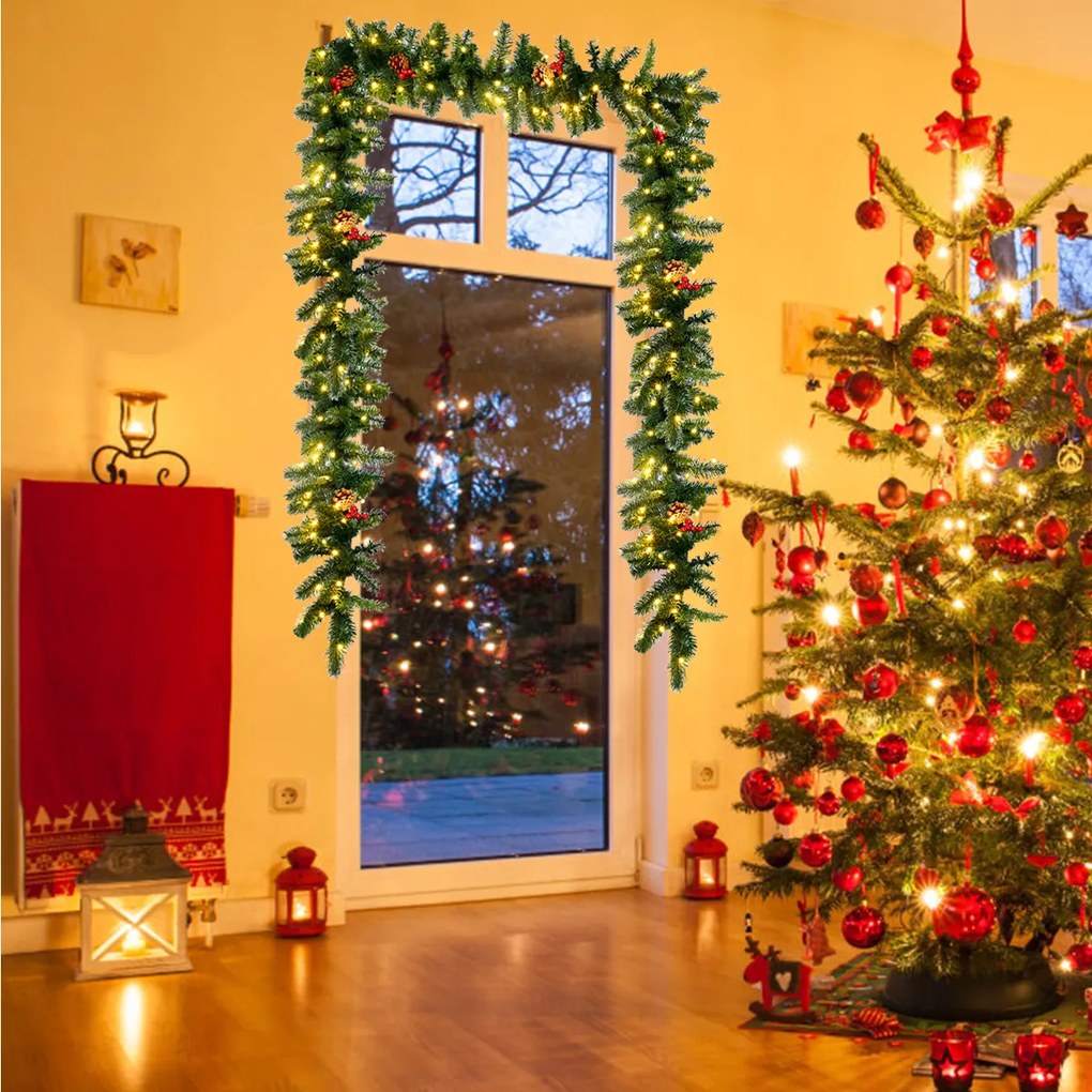 Costway Ghirlanda di Natale di pino illuminata 270cm con 100 luci LED e timer, Ghirlanda artificiale in rattan con pigne