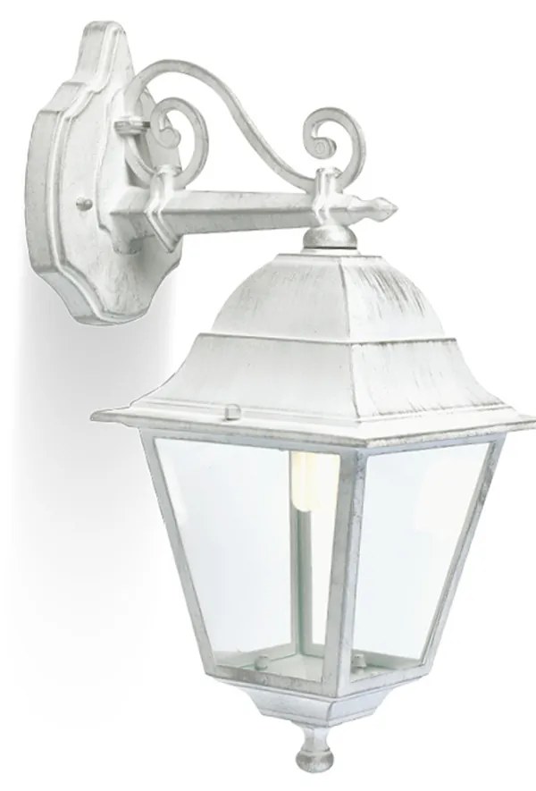 Applique Media In Basso Esterno Old Alluminio E Vetro Bianco E Arg. 1 Luce E27