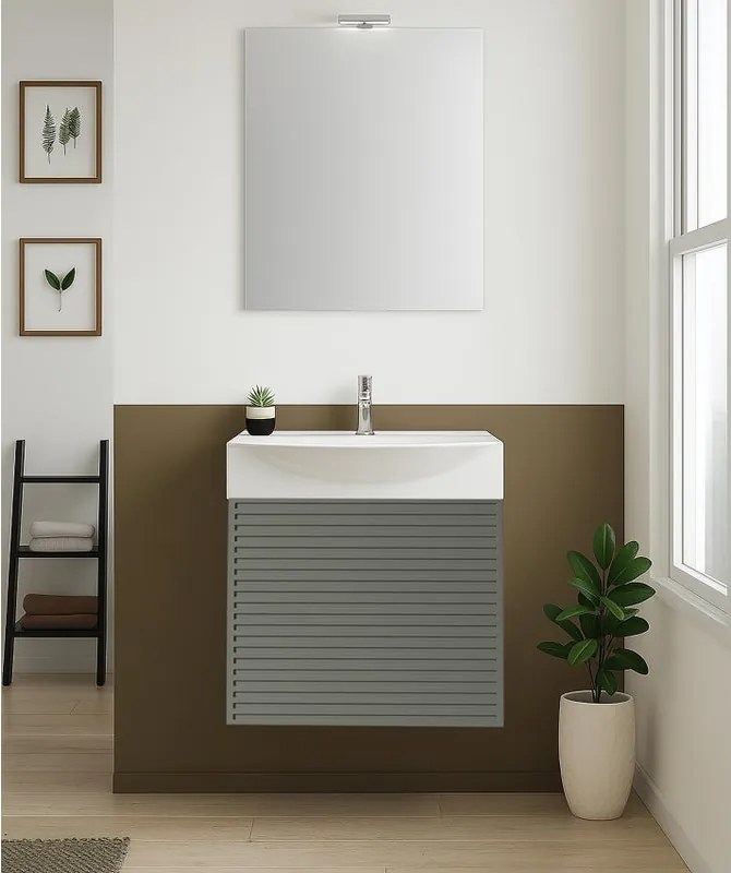 Mobile bagno sospeso con lavabo e specchio e illuminazione L 50 x H 58 x P 40 cm laccato opaco grigio carbone cannettato, 1 anta per vasca centrale Mini50s