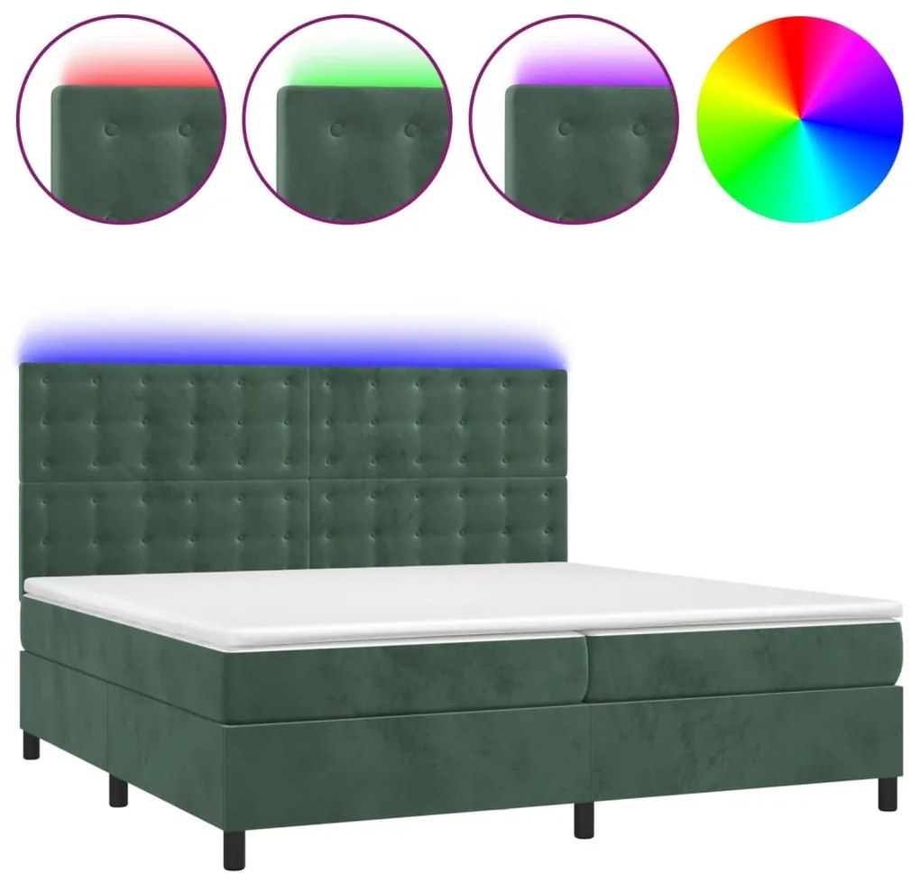 Letto a molle con materasso e led verde scuro 200x200cm velluto