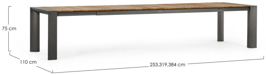 Tavolo allungabile CAMERON in alluminio antracite e legno teak 253&#215;110 cm &#8211; 384&#215;110 cm