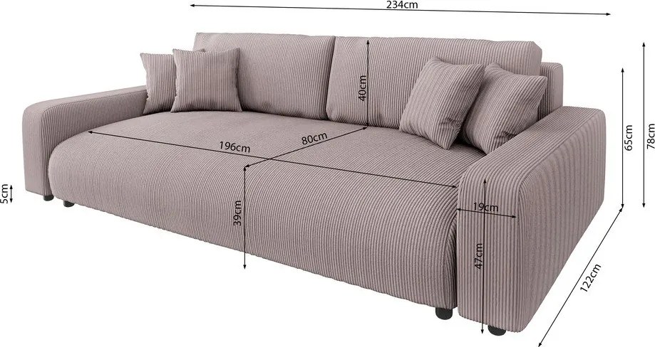 Divano rosa chiaro allungabile/con contenitore con rivestimento in velluto a coste 234 cm Sara – Ropez