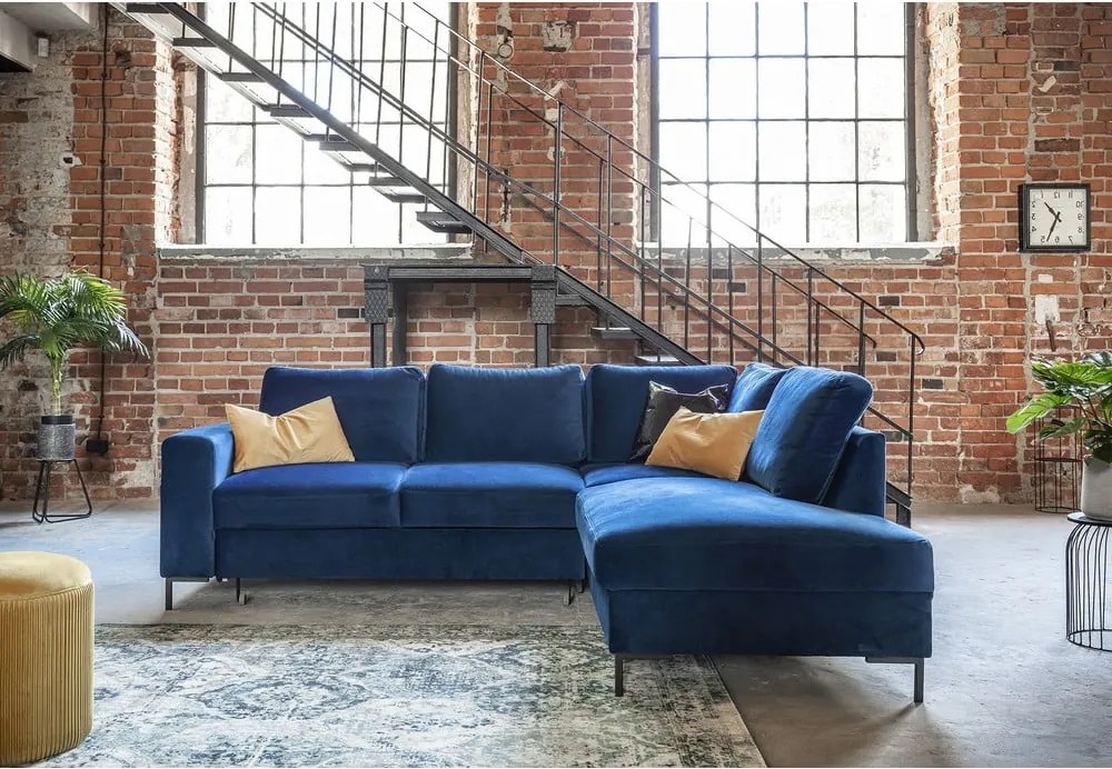 Divano letto angolare in velluto blu scuro (angolo destro) Lofty Lilly - Miuform