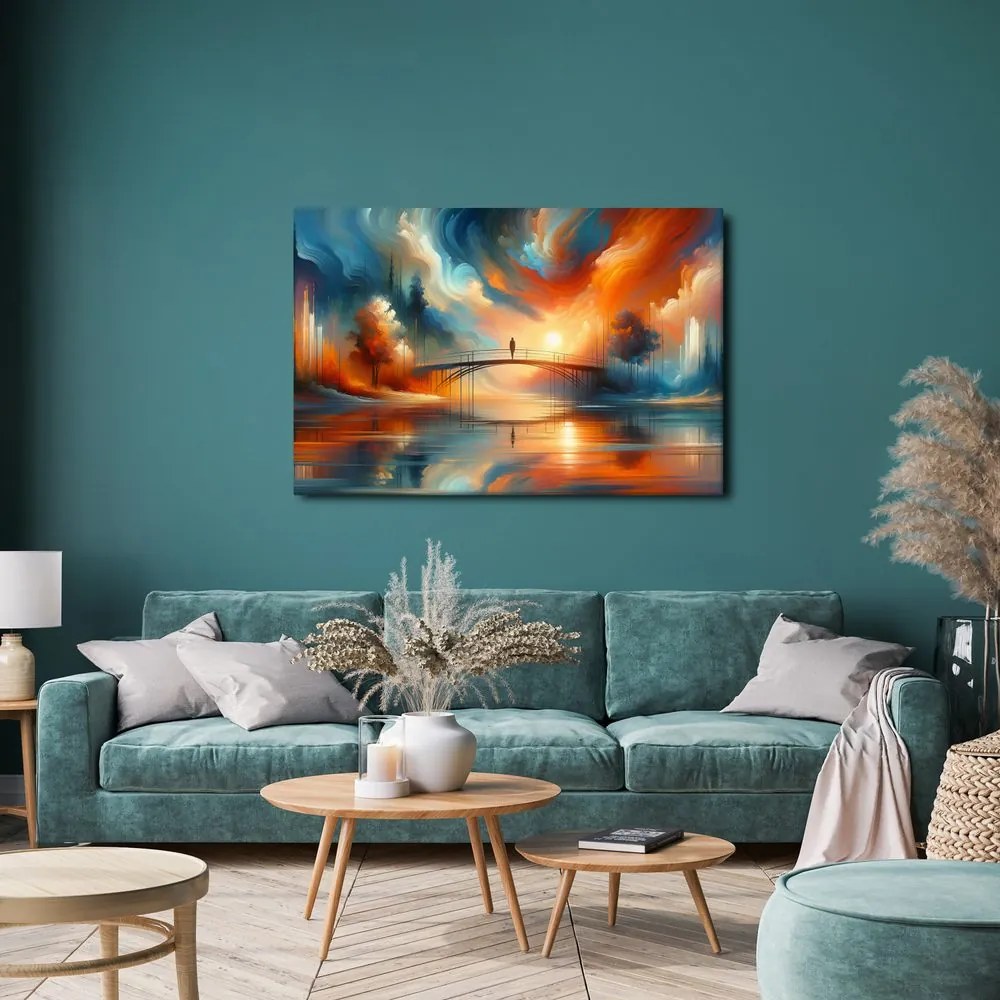 Quadro su tela – Silhouette sul ponte al tramonto