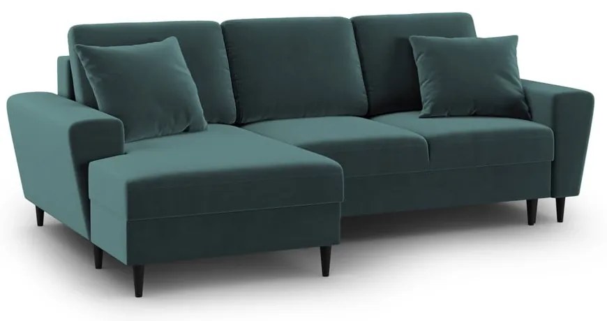 Divano angolare color petrolio allungabile e con contenitore (con penisola a sinistra/con chaise lounge) con rivestimento in velluto Kyoto – Cosmopolitan Design