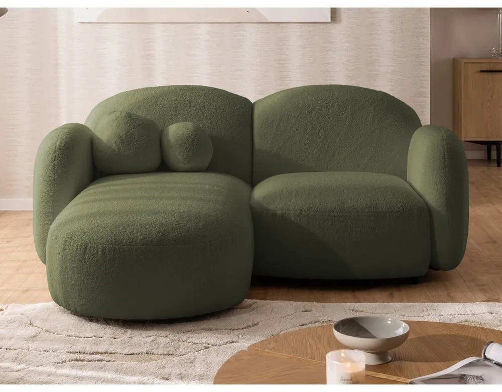 Divano angolare verde (con penisola a sinistra/con chaise lounge) con rivestimento in bouclé Orbit – Ropez