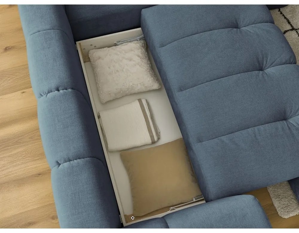 Divano angolare blu allungabile e con contenitore (penisola a destra/a L) con rivestimento in ciniglia Fuji – Bobochic Paris