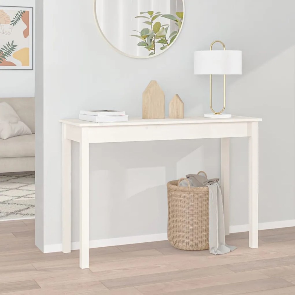 Tavolo Consolle Bianco 110x40x75 Cm İn Legno Massello Di Pino /