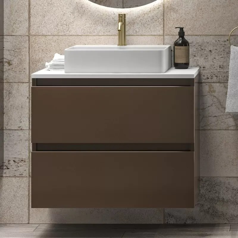 Mobile bagno sospeso 80 cm con due cassetti e piano bianco solid surface TOD-80SS - KAMALU