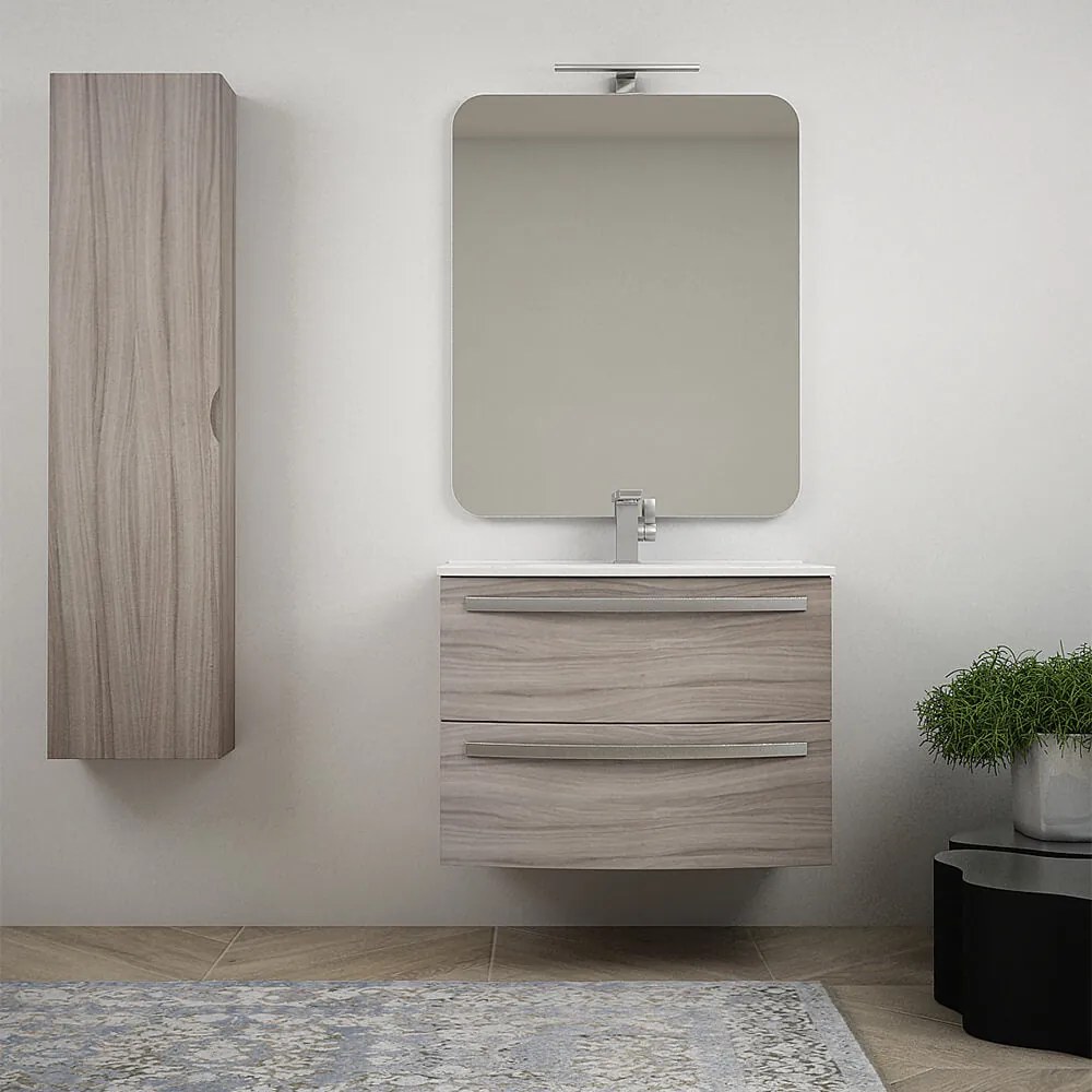 Mobile bagno 75 cm Larice sospeso bombato - Berlino con specchio filo lucido e colonna da 140 cm