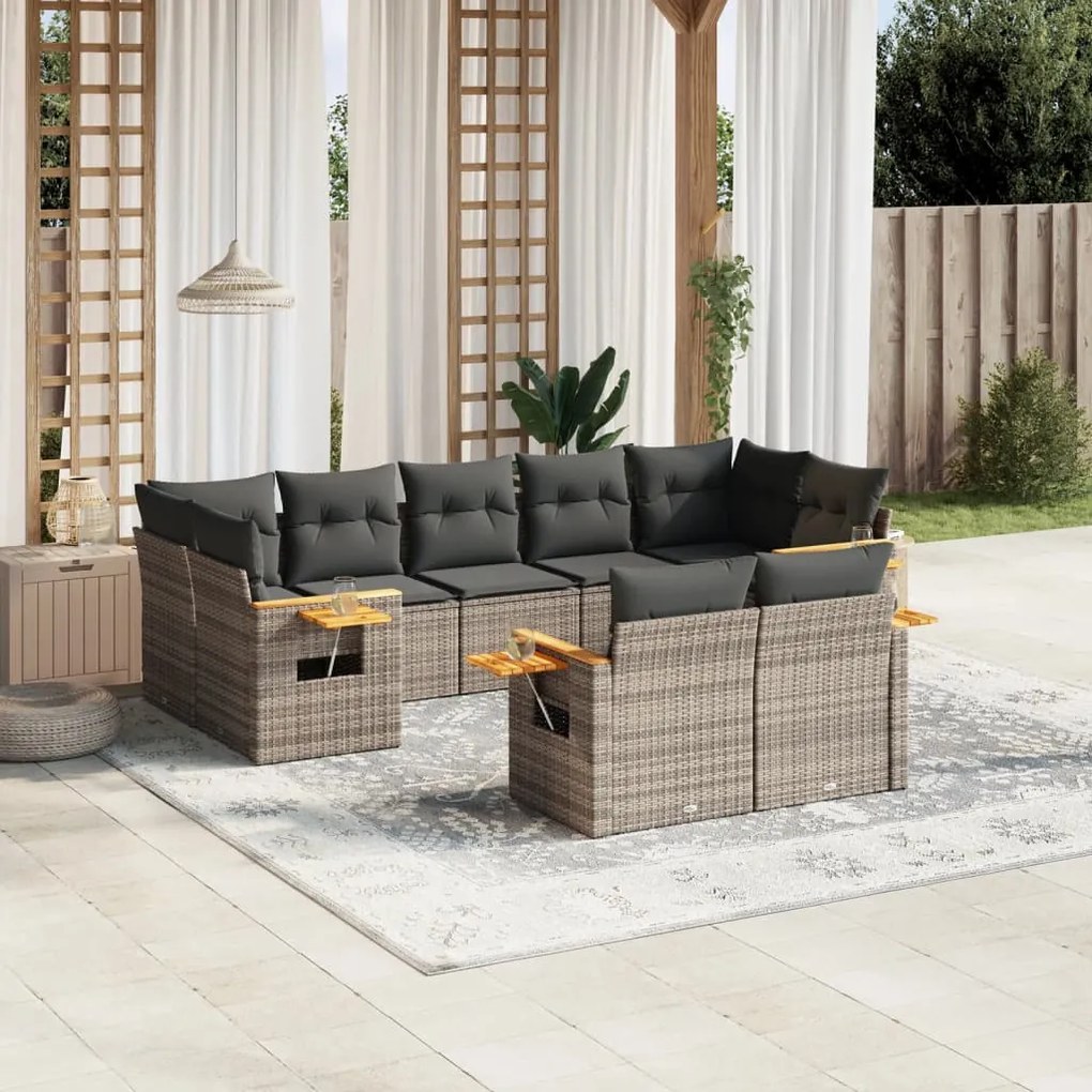 Set Divano da Giardino 9 pz con Cuscini Grigio in Polyrattan