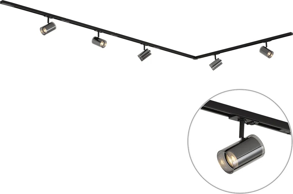 Sistema di illuminazione a binario moderno nero con 5 faretti monofase - Iconic Lloyd