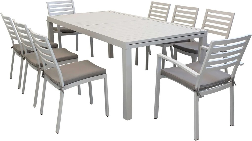 DEXTER - set tavolo in alluminio cm 200/300 x 100 x 74 h con 6 sedie e 2 poltrone Dexter