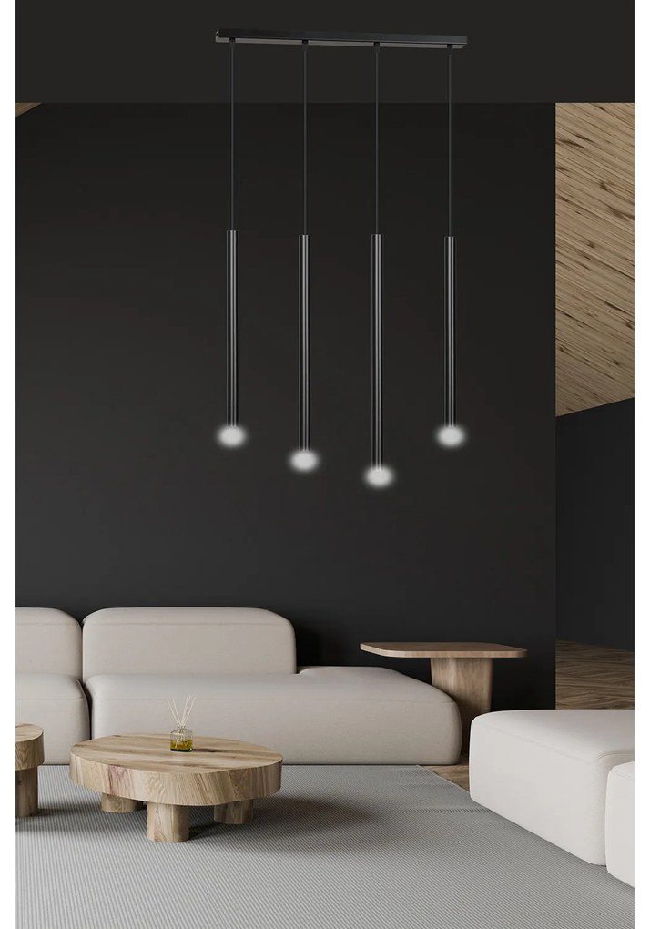 Lampadario 4 Luci Moderno Shu Acciaio Nero E Paralumi A Cilindri Sottili