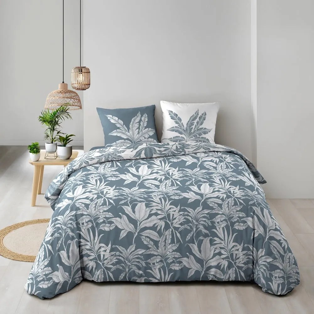 Set copripiumino e federa bianco/blu in cotone per letto matrimoniale ed esteso 240x220 cm Hera – douceur d'intérieur