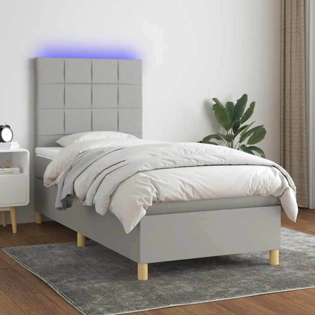 Letto a molle materasso e led grigio chiaro 90x190 cm tessuto