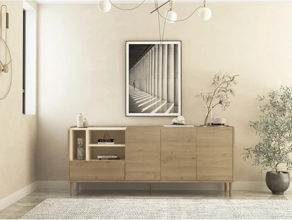 Cassettiera di colore naturale con effetto rovere 180x75,5x44 cm Monza – Marckeric