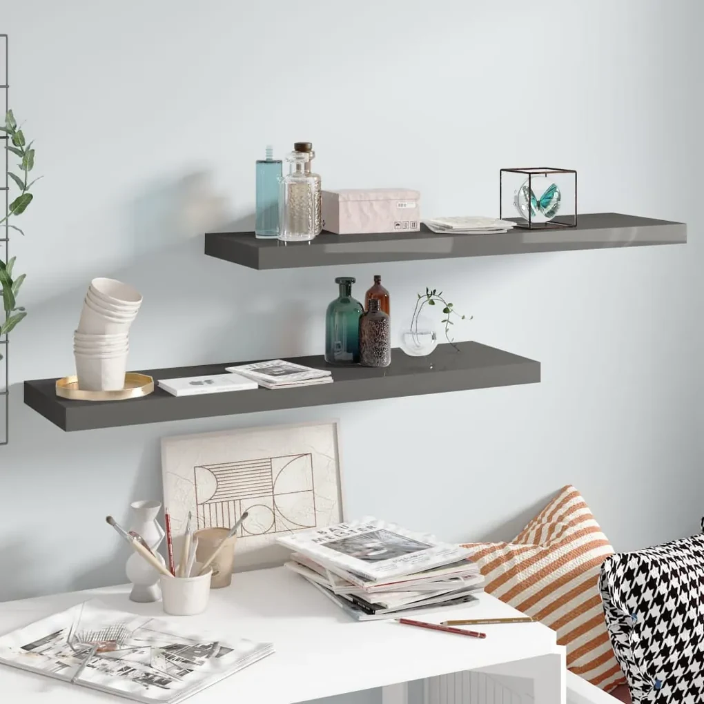 Scaffali a parete 2 pz grigio lucido 90x23,5x3,8 cm in mdf
