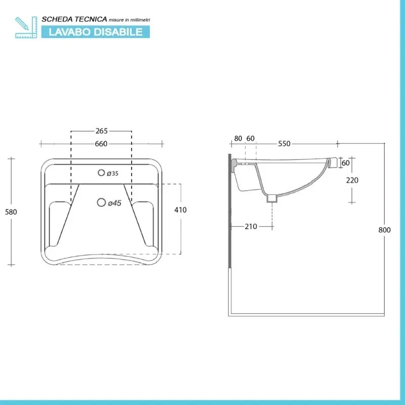 Lavabo sospeso per disabili 66 cm ergonomico con poggia gomiti
