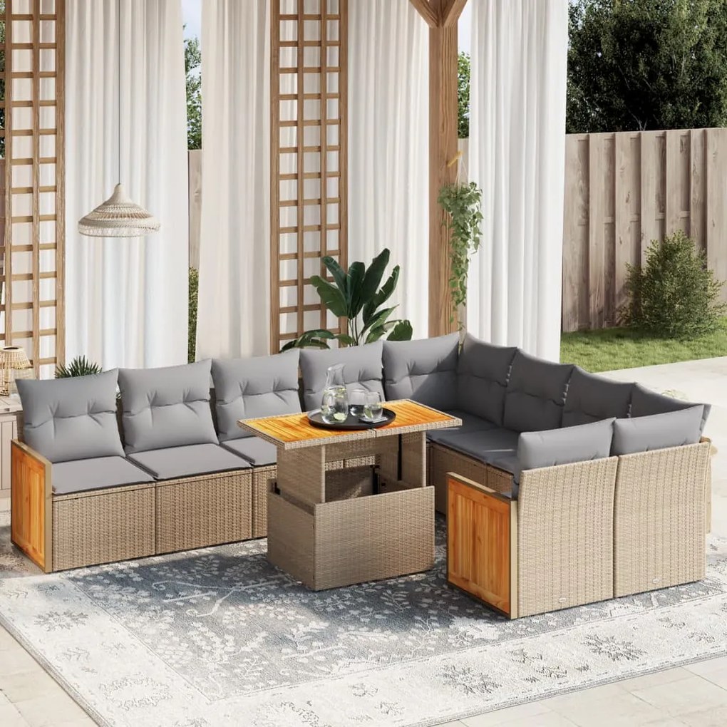 Set divano da giardino 10 pz con cuscini beige in polyrattan