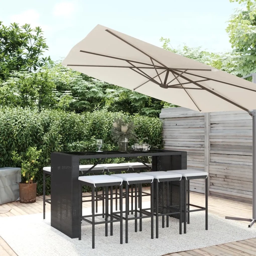 Set bar da giardino 9 pz con cuscini in polyrattan nero