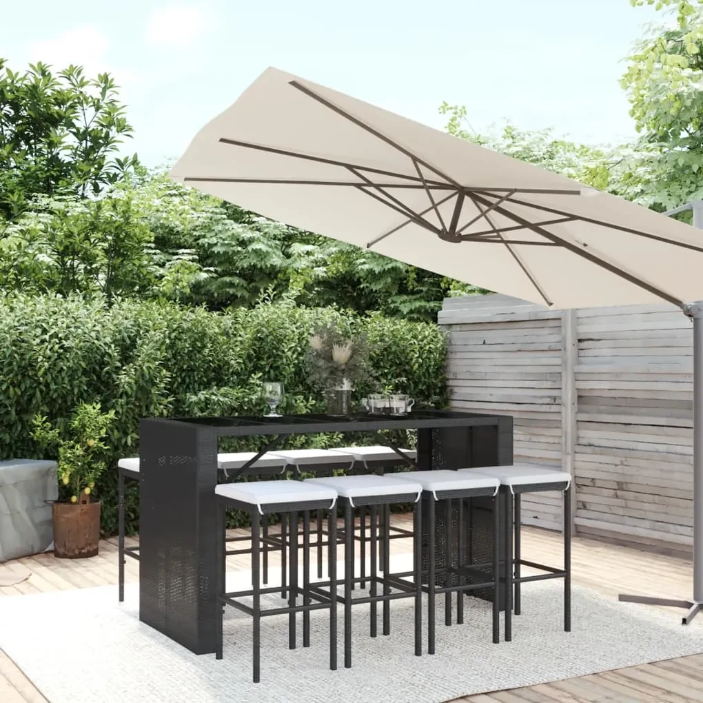 Set bar da giardino 9 pz con cuscini in polyrattan nero