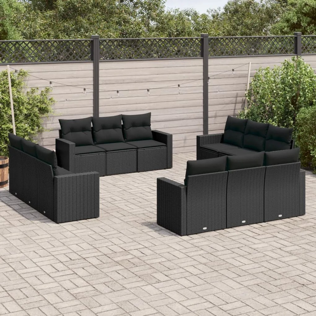 Set divani da giardino 12 pz con cuscini nero in polyrattan