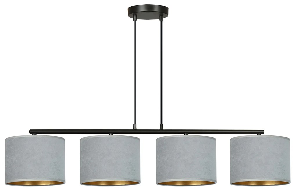 Lampadario 4 Luci Ganesha In Acciaio Nero E Paralumi In Tessuto Grigio
