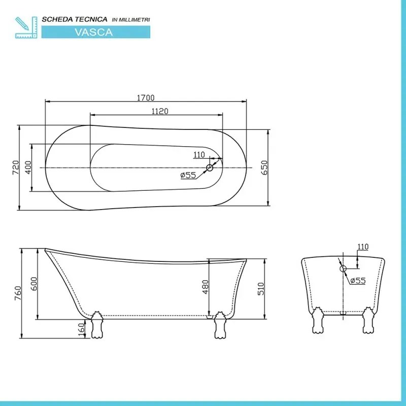 Vasca da bagno freestanding classica 170x72 Piedini cromo a zampa di leone regolabili Samantha