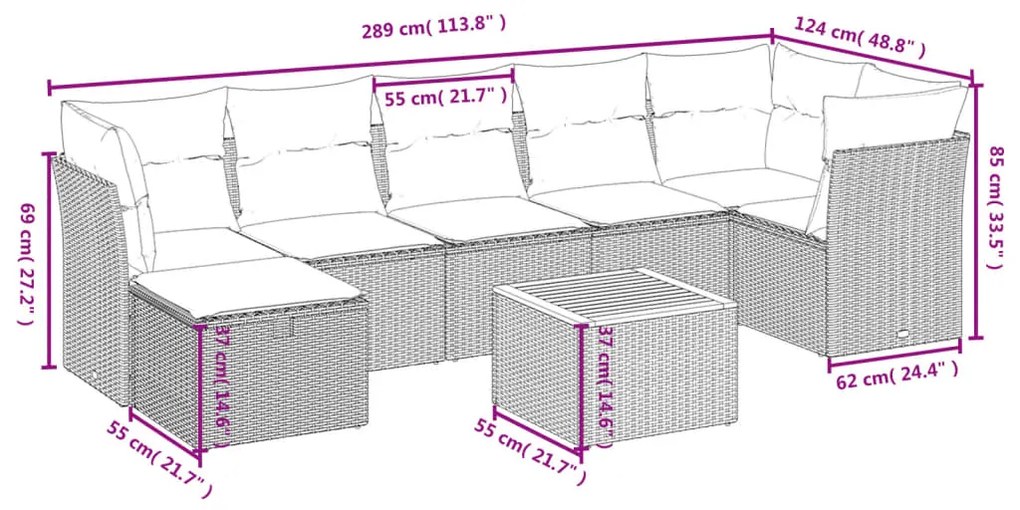 Set divano da giardino 9 pz con cuscini beige in polyrattan