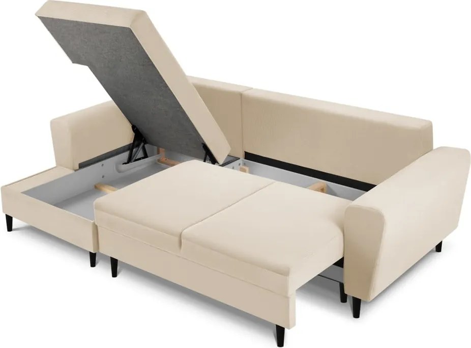 Divano angolare beige allungabile e con contenitore (con penisola a sinistra/con chaise lounge) con rivestimento in velluto a coste Kyoto – Cosmopolitan Design