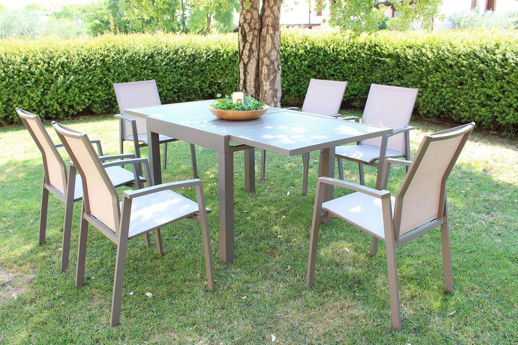 JERRI - set tavolo in alluminio cm 90/180 x 90 x 75 h con 6 poltrone Lotus
