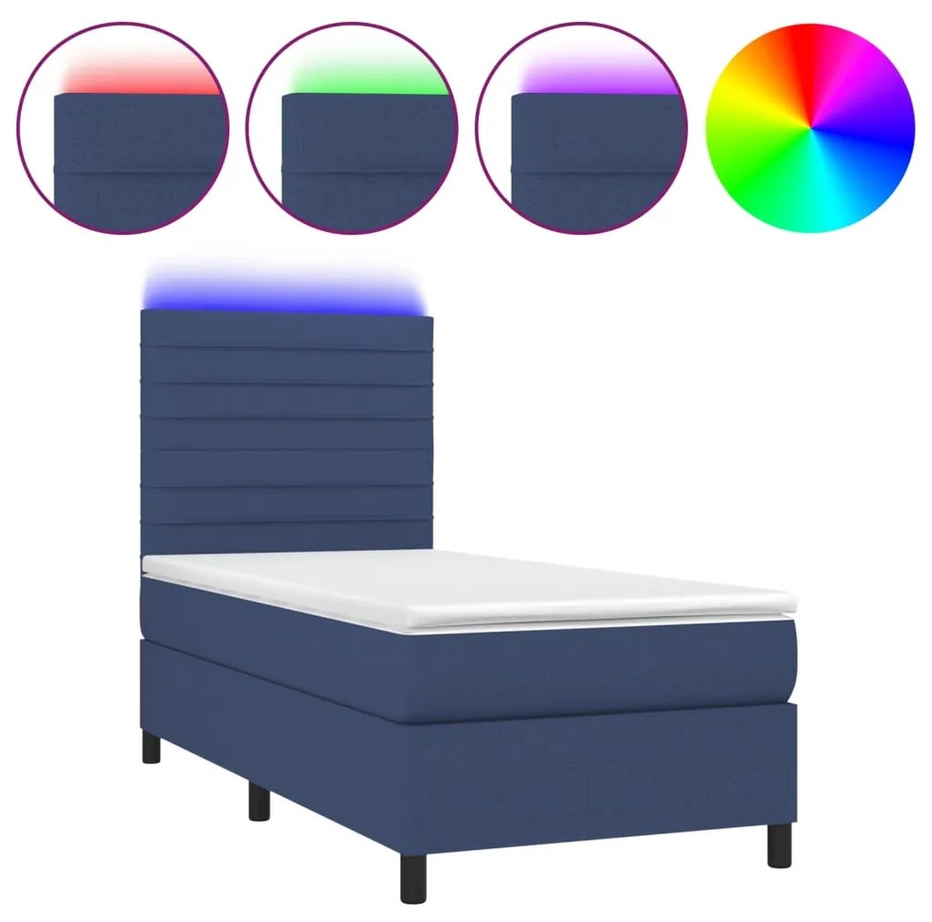 Letto a molle con materasso e led blu 90x190 cm in tessuto