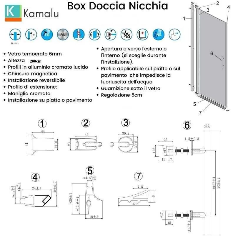 Kamalu - porta battente doccia nicchia 80cm vetro trasparente 6mm ks2800n