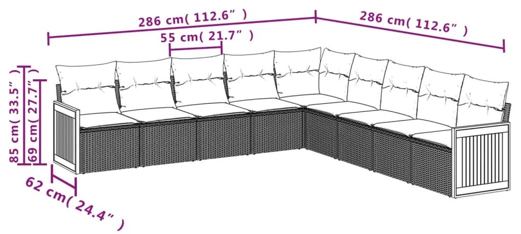 Set divani da giardino 9 pz con cuscini nero in polyrattan