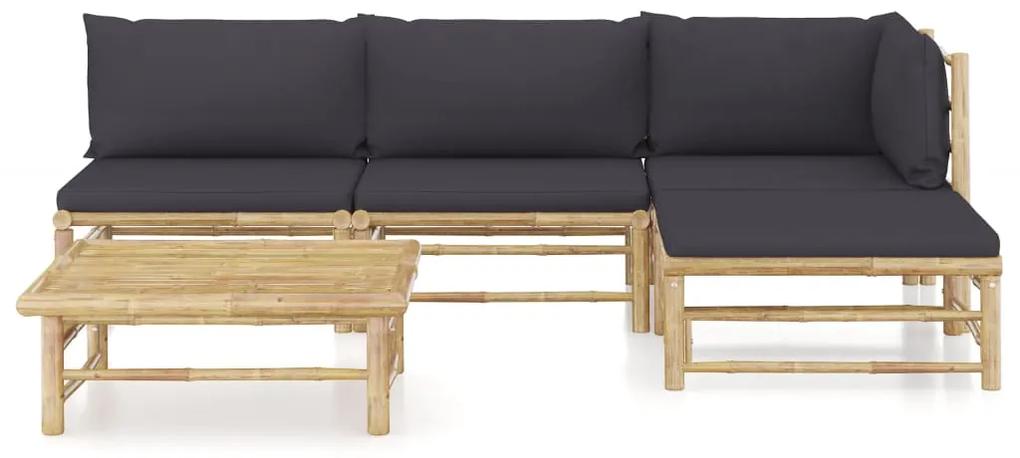 Set divani da giardino 5 pz con cuscini grigio scuro in bambù