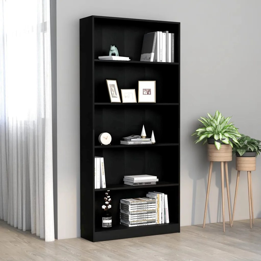 Libreria A 5 Ripiani Nera 80x24x175 Cm İn Legno Multistrato /