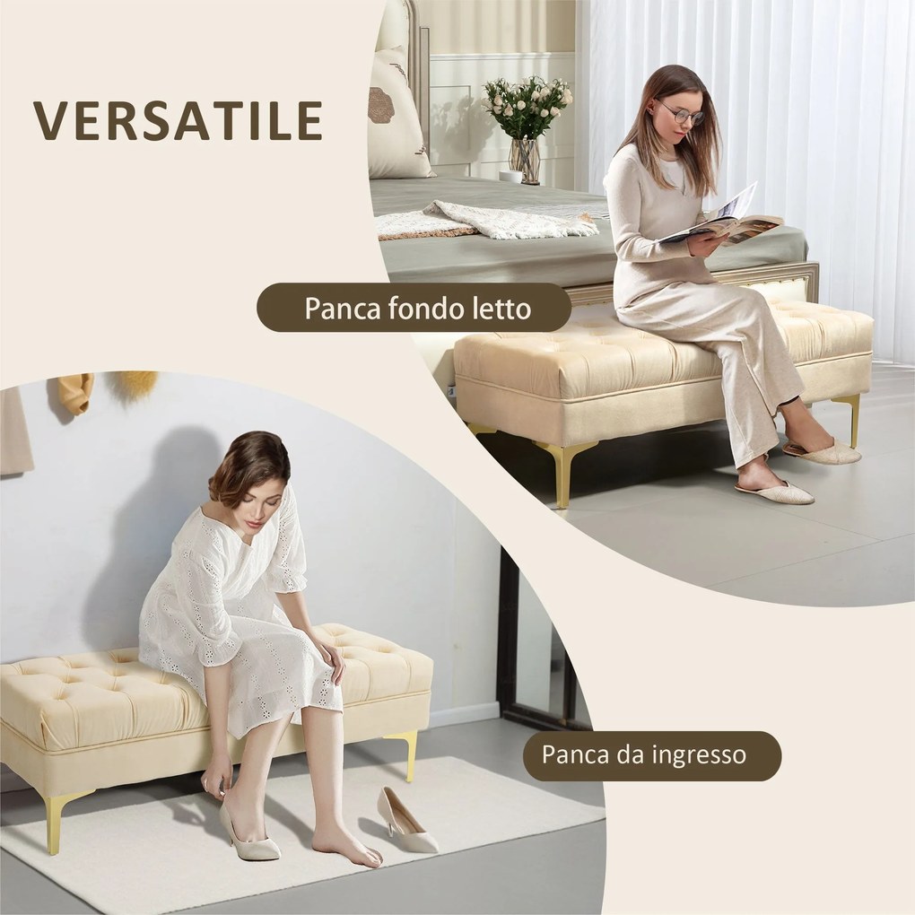 Panca Fondo Letto Imbottita con Rivestimento Trapuntato in Effetto Velluto 118x45x42 cm Beige...