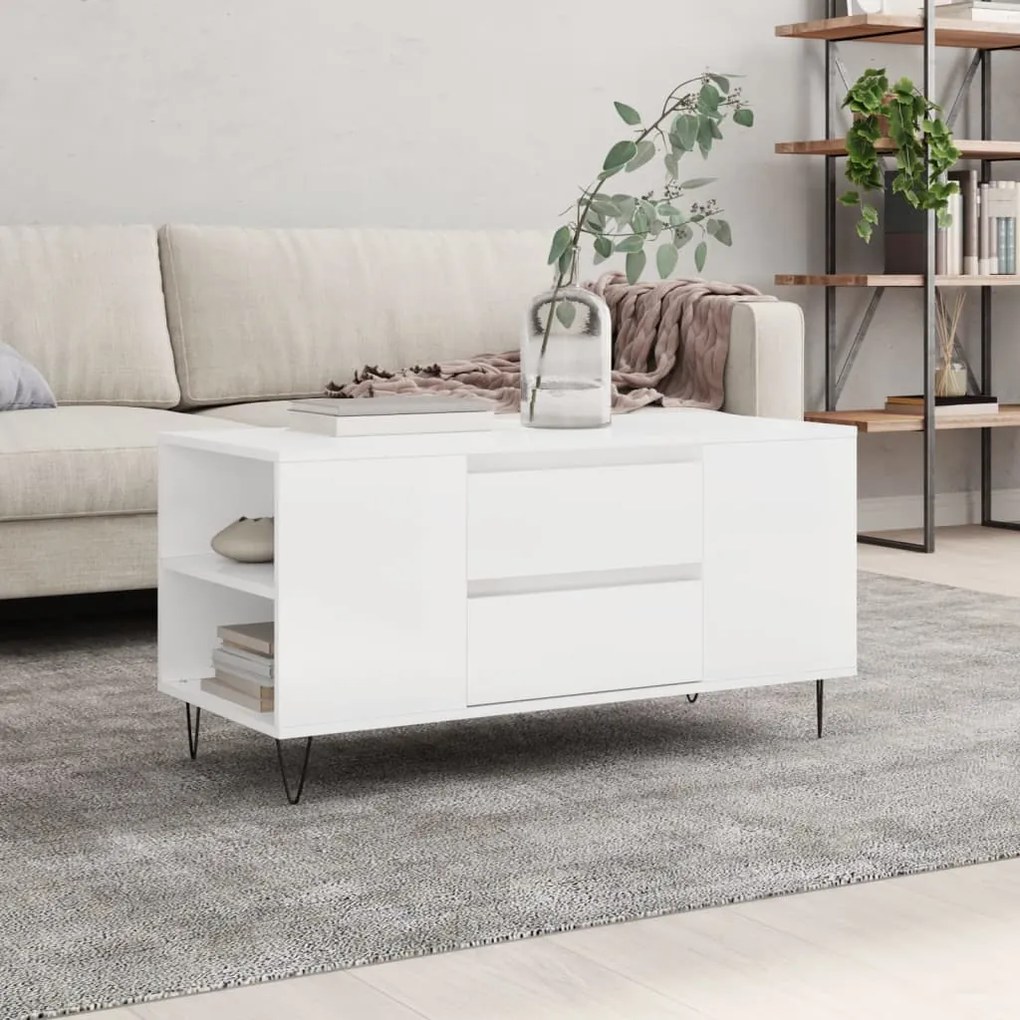 Tavolino salotto bianco lucido 102x44,5x50 cm legno multistrato